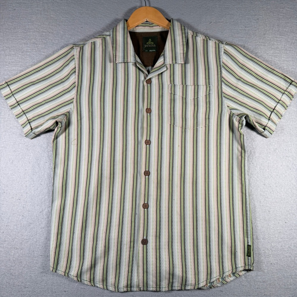 Prana Breathe Mens Large Green Striped Organic Cotton Short Sleeve Button Shirt